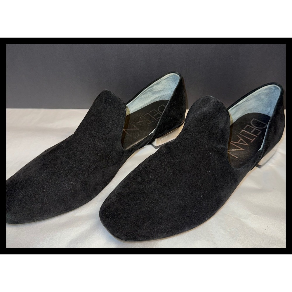 DELTAN Catalina Loafers Women 8.5M Black Suede Metallic Block Heel Slip On Shoes